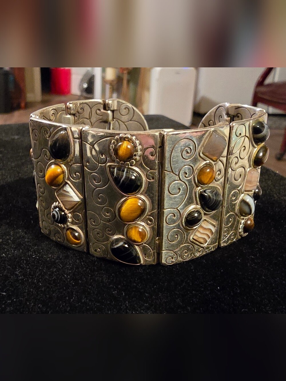 Brighton RETIRED VINTAGE Silver-Tone Bracelet with Tiger's Eye & Banded Agate